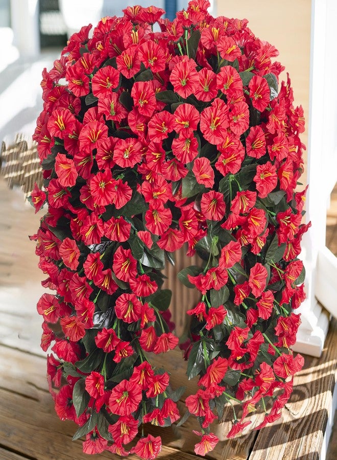 florisso Artificial Faux Hanging Flowers Plants for Winter Christmas Outdoor Outside Decor, 2 PCS Fake Silk Red Morning Glory Long Vines UV Resistant Realistic for Home Porch Patio Balcony Planter Decoration - Image 1